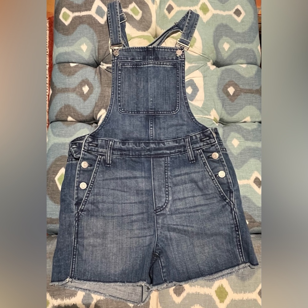 Madewell denim short overalls.